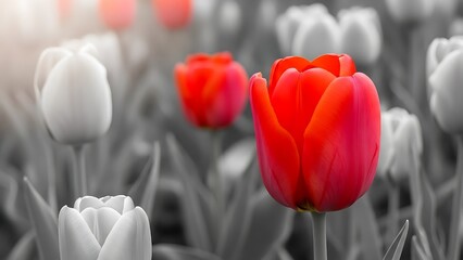 Red tulip on monochrome tulips background. Be different. Red tulip branding and visibility. Different choice and decision concept. Red tulip creative concept