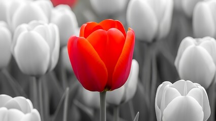 Red tulip on monochrome tulips background. Be different. Red tulip branding and visibility. Different choice and decision concept. Red tulip creative concept
