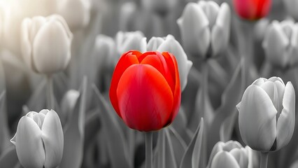 Red tulip on monochrome tulips background. Be different. Red tulip branding and visibility. Different choice and decision concept. Red tulip creative concept