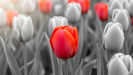 Red tulip on monochrome tulips background. Be different. Red tulip branding and visibility. Different choice and decision concept. Red tulip creative concept