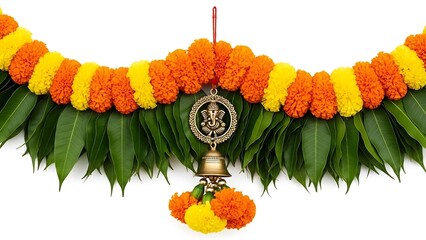 Colorful Marigold Flower Door Hanging Toran with Mango Leaves for Indian Cultural and Religious Decoration