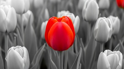 Red tulip on monochrome tulips background. Be different. Red tulip branding and visibility. Different choice and decision concept. Red tulip creative concept