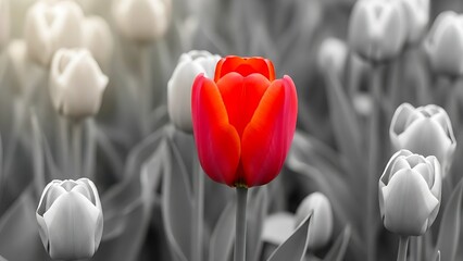 Red tulip on monochrome tulips background. Be different. Red tulip branding and visibility. Different choice and decision concept. Red tulip creative concept