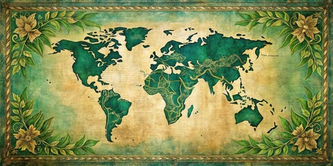 Antique World Map with Lush Botanical Frame, Exquisitely Detailed and Aged Texture