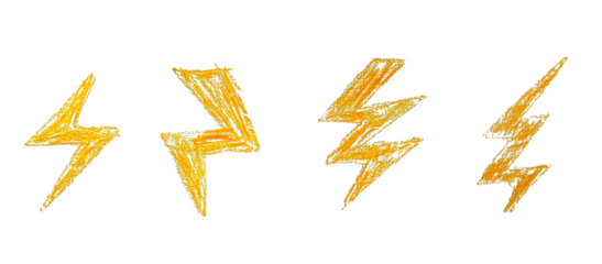 Lightning bolt drawings created manually with crayon on paper. Raster photo artwork expressing energy, power, and motion, ideal for education, creativity, and expressive concepts.