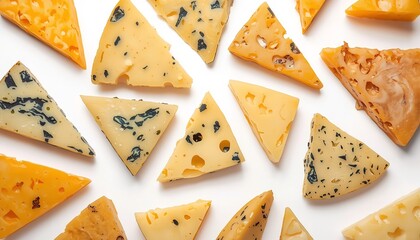 A variety of different cheese types arranged in triangular slices on a white surface