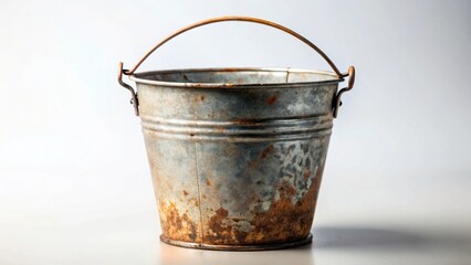 A weathered metal pail with a rusty patina and a simple wire handle, showing signs of age and use, sits on a neutral background