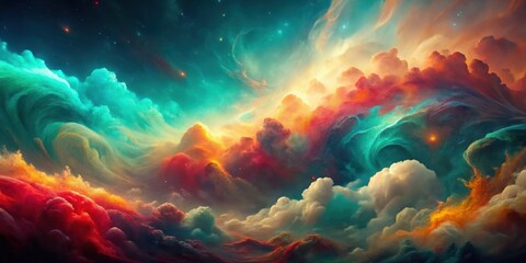 A Vivid Dreamscape of Intertwined Celestial Clouds and Cosmic Nebulae, a Kaleidoscopic Fantasy of Color and Light