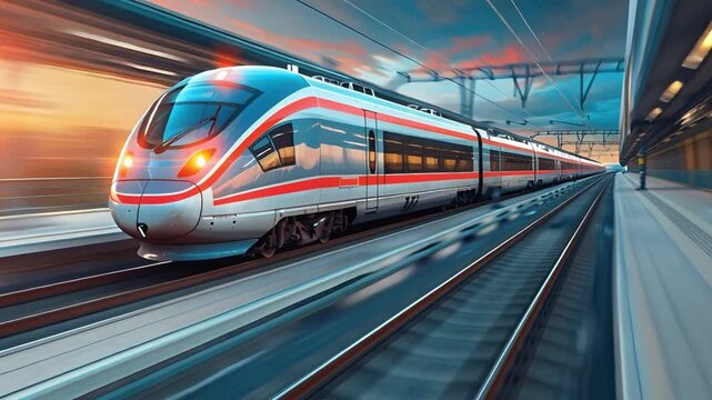 A train speeds along the tracks at sunset. The sky has shades of orange and blue. The train travels through a busy section of the railway landscape. People may be waiting on the platform