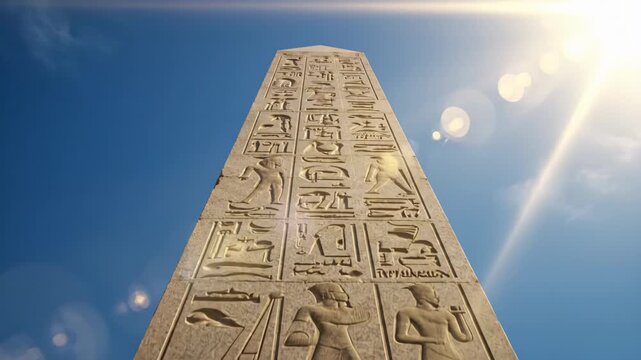 Monumental ancient Egyptian obelisk with intricate hieroglyphs under a vibrant blue sky and bright sun flare. Concept of enduring history