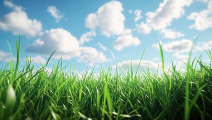 Fototapeta premium A vibrant scene of green grass under a clear blue sky with fluffy white clouds, evoking a sense of tranquility and nature.