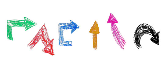 Hand drawn arrows made with crayon on paper. Raster photo illustration with expressive manual strokes, suitable for directions, guides, educational materials, and creative layouts.