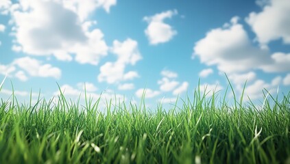 Fototapeta premium Lush green grass stretches under a bright blue sky decorated with fluffy white clouds, creating a serene and peaceful outdoor atmosphere.