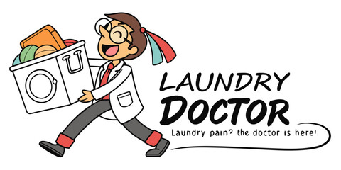 Laundry Doctor Cartoon Mascot Carrying a Basket of Clothes