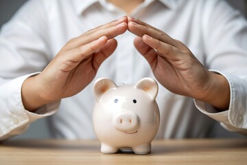 Person's hands protecting a piggy bank on a wooden table