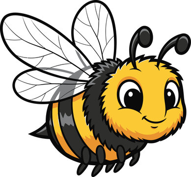 Cute cartoon bee with wings flying with a smile, a charming insect illustration