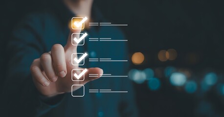 Person's hand interacting with a digital checklist with completed tasks highlighted