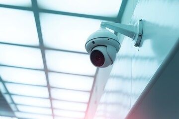 Close-up of a white surveillance camera mounted on a light-colored wall