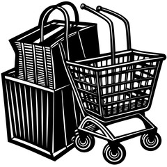 Silhouette of shopping bag and cart, ecommerce vector isolated on White Background