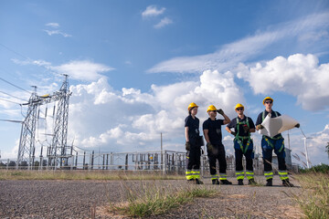 Group of workers stand near power station holding plans under blue sky with clouds