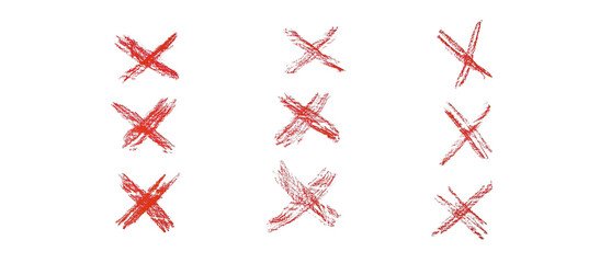 Hand drawn cross marks created with crayon on paper. Raster photo artwork with rough childlike texture, suitable for education, feedback concepts, mistakes, and expressive visual designs.