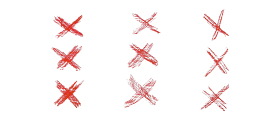 Hand drawn cross marks created with crayon on paper. Raster photo artwork with rough childlike texture, suitable for education, feedback concepts, mistakes, and expressive visual designs.