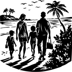 Silhouette family walking on beach, minimal vector isolated on White Background