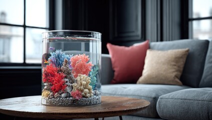 Circular aquarium on a coffee table,  modern living room