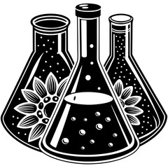 Silhouette of lab flask and chemicals, research vector isolated on White Background