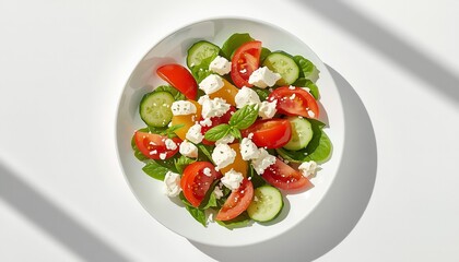 A vibrant salad with fresh vegetables and cheese on a white plate