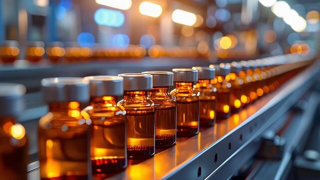 工場内で光を反射する瓶が連続する生産ラインの規則性を強調する