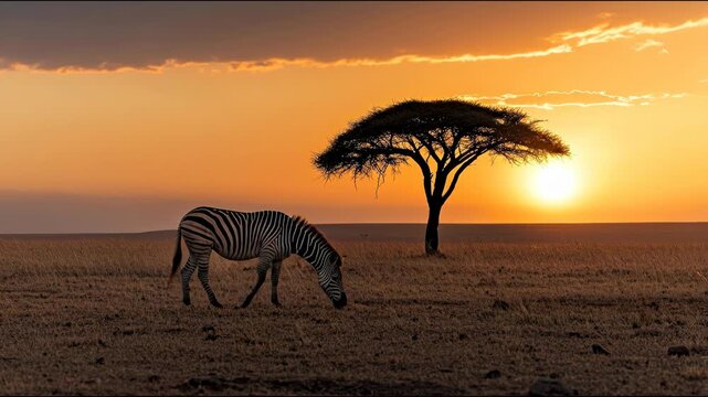 A zebra stands in a savanna landscape with a silhouetted tree at sunset, bathed in orange hues