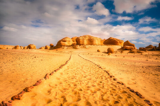 Sand and rock desert landscape with the path, Wadi Hitan, Egypt
