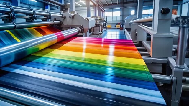 高速で稼働する印刷機から鮮やかな色が流れ出る産業技術の現場