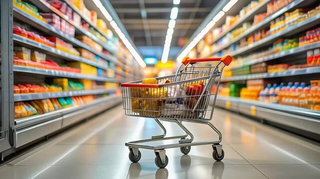 広い通路に商品が並ぶスーパーマーケットで買い物カートが進む視点