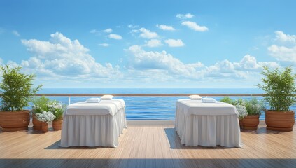 Fototapeta na wymiar Two spa beds on a deck overlooking the ocean. Sunny day, tranquil scene