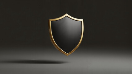 Levitating matte black defensive shield with golden frame, dark moody colors, premium cybersecurity and antivirus protection symbol with copy space