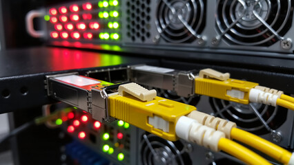 Yellow optical fiber patch cords connected to SFP transceivers, metallic industrial colors, high speed internet infrastructure and data center networking