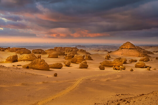 Dramatic sunset desert landscape view in Wadi Hitan, Egypt