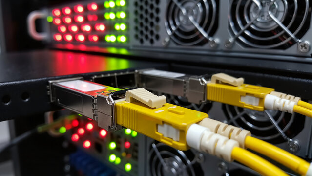 Yellow optical fiber patch cords connected to SFP transceivers, metallic industrial colors, high speed internet infrastructure and data center networking - Powered by Adobe