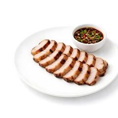 Sliced Grilled Pork With Spicy Dipping Sauce On White Plate Isolated