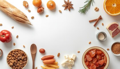 A variety of fresh food ingredients arranged on a white surface for cooking or recipe purposes