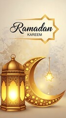 Ornate gold lantern emitting light next to a celestial crescent moon for a spiritual Ramadan Kareem holiday celebration.