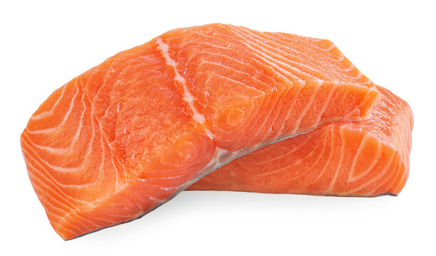 Raw salmon fillets&nbsp; isolated on white background. Salmon, trout steak close up. Seafood diet