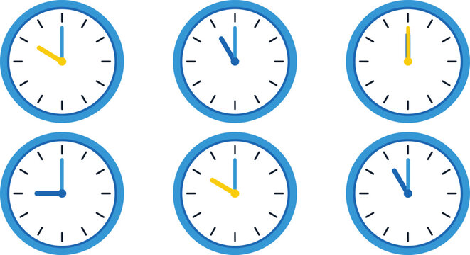 Clock time illustration set showing different hours on analog wall clocks for education learning design kids classroom vector