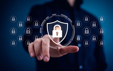 Man touching a digital shield with a padlock and surrounding security icons