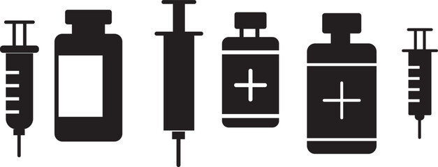 Vaccination icon collection in black. Insulin icon vector simple design. Set of medical syringe icons. Vaccination icon design for signs, logo, apps. Vaccination on transparent background
