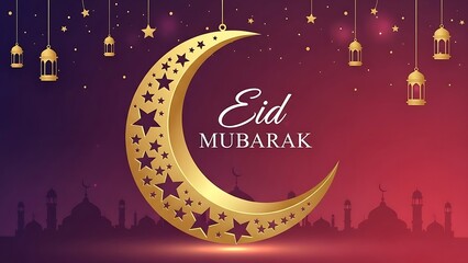 Elegant religious card with "Eid Mubarak" text, glowing golden celestial symbols, and a dark architectural mosque outline at dusk.
