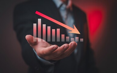 Man's hand holding a bar chart showing a downward trend with a red arrow