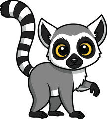 Obraz premium Cute cartoon ring-tailed lemur illustration, featuring a friendly animal with distinctive black and white striped tail and big expressive eyes, perfect for wildlife and children's content